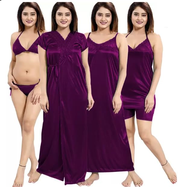 Women's 6-Piece Women's Satin Nighty 6 Piece | Nighty Maxi with 1 top and Short, 1 Bra and Panty, and 1 Robe | Women Night Suit | Night-Suit top and Pajama | Nighdress-image-6