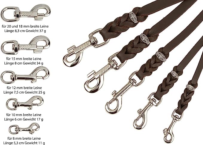 Laisse pour chien en cuir tressé léger 15 m pour petits chiens – Laisse de remorquage [sans dragonne] Laisse en cuir de vachette robuste avec mousqueton chromé 8 mm Marron