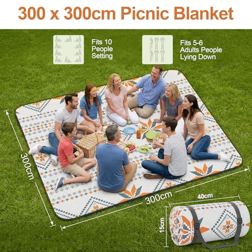 HUTHIM Picknickdecke 300x300 cm Wasserdicht Maschinenwaschbar: Stranddecke Sandfrei Outdoor Decke Waschbar Faltbar Strandmatte mit Tragegurt - perfekt für Strand, Camping & Picknick (8-10 Personen)
