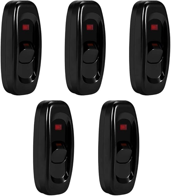 5Pcs Inline Switch, AC 250V 10A Feed Through Switch Cord Cable ON/OFF Switch with LED Indicator Light for Bedside Lamp Desk Table Light Electrical Cord(Black)