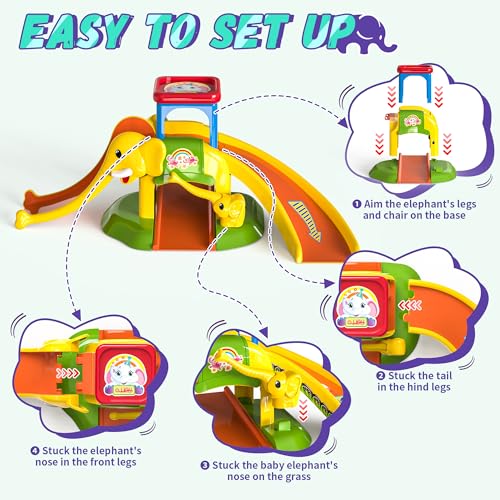FUYLEY Kleinkindspielzeug für 1 2 3 + Jahre alte Jungen Mädchen, Elefantenrutsche mit 4 Tierautos Lernendes Babyspielzeug, Schiebeautobahn Geburtstagsgeschenke Alter 18 Monate und mehr