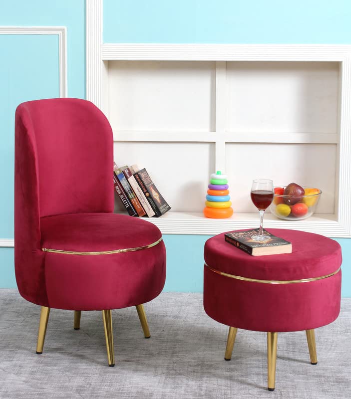 Image of Ottoman Stool for Living Room, Velvet Foot Rest Puffy for Sofa, Foot Stool for Sitting, Modern Puffy Chair for Bedroom, Metal Legs Ottoman for Home Decor, 17 /32 inch Height (Combo-Wine)