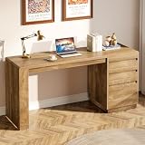 Tribesigns 55-Inch Computer Desk with 3 Drawers, Farmhouse Home Office Desk with Adjustable File Cabinet, Study Table Office Workstation, Walnut Brown