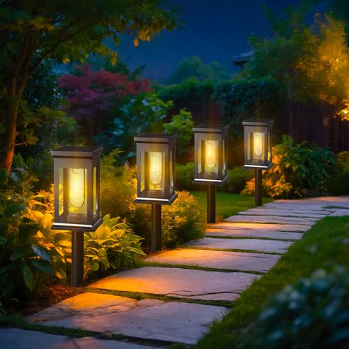 Akynite Luces para jardín al aire libre, luces de jardín IP65 impermeables, lámpara exterior de encendido/apagado automático para patio, camino, patio, 4 unidades