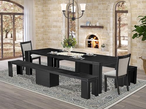 Image of X02MZ-206-06 - 5-piece Dining Room Table Set a Rectangular Kitchen Table and 2 wooden Benches and 2 Shitake Linen Fabric Dining Chair, 39x120 Inch, Wire Brushed Black