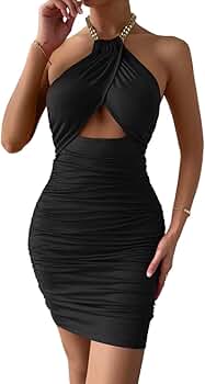 ワンピース THEREDTHREAD S backless halter dress Amazon.com: Women's 2024 Summer Ruched Short Mini Dress Sleeveless