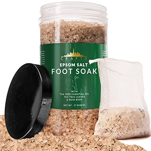 Crafts And The City Epsom Salt Tea Tree Oil Foot Soak Salts for Pain Relief - 27 oz Large Container with Tea Tree & Rose Leaves - Herbal Pedicure Foot Spa Soak Salt for Foot Bath Soaking for Dry Feet