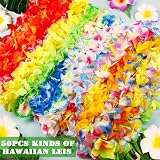 50pcs Hawaiian Leis Decorations, Hawaiian Leis Bulk Flower Necklaces Luau Party Decor, Colorful Hula Dance Celebration Tropical Summer Beach Pool Parties, Hawaiian Flower Leis for Party Favors Decor