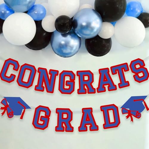 Image of Congrats Grad Banner Graduation Party Banner Decoration Hanging Garland High School College Backdrop Supplies Blue Red