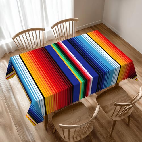 VIMPEYDON Rectangle Colorful Mexican Table Cloth for Dining Tables, Reusable Rainbow Colorful Stripe Tablecloths Decor Tabletop Kitchen Bright Lines Table Cover for Holiday,Picnic,Party, 54x72 Inch