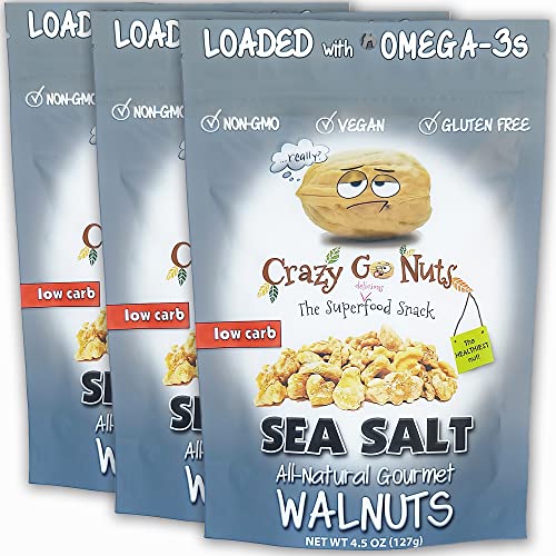 Crazy Go Nuts Walnuts Plain with Sea Salt - Glazed Walnuts, Vegan, Low Carb, Gluten Free, Superfood-Natural, Non-GMO, ALA, Omega 3 Fatty Acids, Good Fats, and Antioxidants - 4.5 Oz, 3-Pack