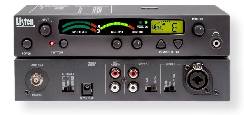 Listen Technologies LT-800-216-01-D Stationary RF Transmitter with Dante Adapter Enabled; LCD Display for Quick Channel, Programming, and Channel Lock Status Information; 57 Selectable Channels