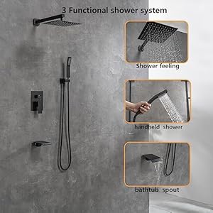 Rainfall shower system with tub spoutbathroom rain shower head 10 inch three functions shower faucet set luxury rain shower head setshower faucet comboblack  urban country home decor