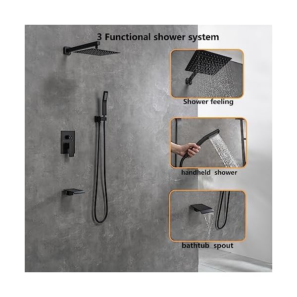 Rainfall shower system with tub spoutbathroom rain shower head 10 inch three functions shower faucet set luxury rain shower head setshower faucet comboblack  urban country home decor