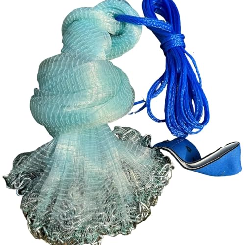Easy Throw Cast Net with Chain Bottom – 4ft to 12ft Radius, 2/7 Inch Mesh Size – for Saltwater & Freshwater Fishing, All Anglers(8FT)