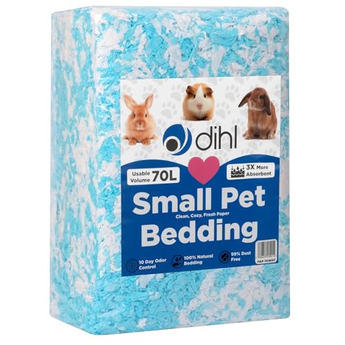 Dihl 70 litres - Litière en papier bleu super absorbant pour petits animaux - Absorbe 6 fois son poids en liquide - Pour hamster, souris, rat, lapin, cochon d'Inde, gerbille - 70 l