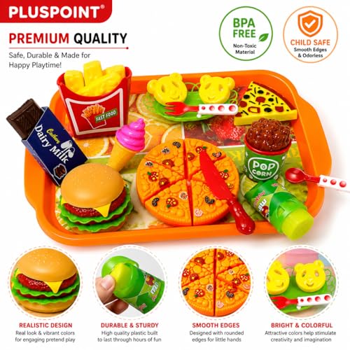 Image of PLUSPOINT Pizza Party Fast Food Set Realistic Pizza Pretend Play Barger Fries and ice Cream with Tray Food Toy | Best Gifts Food playset for Boys Girls Kids 4yr+