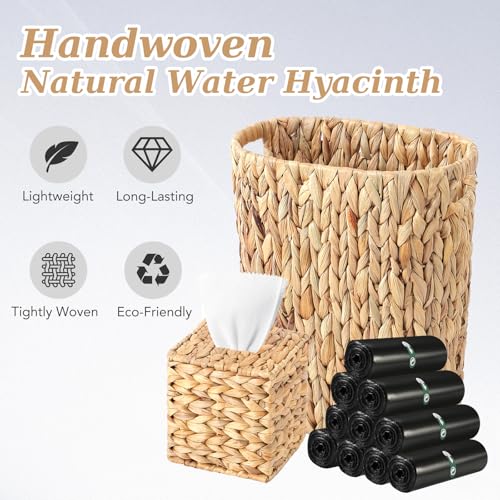 Image of BSSN 4 Gallon Wicker Trash Can Handwoven Bathroom Trash Can,Square Water Hyacinth Tissue Box Cover, Narrow Small Waste Basket,Black 150 Count 5 Gallon Trash Bags Rustic Decor Set for Bedroom & Office