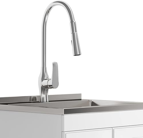 Vista 9 de SIMPLIHOME Lawrence - Lavabo y gabinete todo en uno de 24 pulgadas, color blanco puro, gabinete de lavandería, fregadero de acero inoxidable, grifo