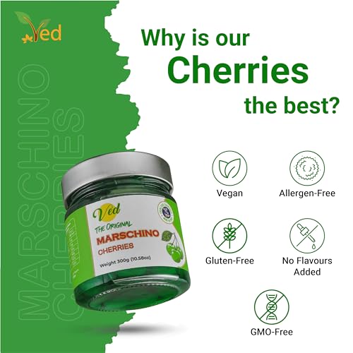 Ved Gourmet Original Grüne Maraschino-Kirschen – Italienische Kirsche für Old Fashioned Cocktails, Veganer Cocktail, Bourbon-Kirschen in natürlichem Sirup zum Cocktail-Topping (300-g-Glas (1er-Pack))