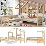 Casa Cama 90X200 Cama De Juego,Para 2 NiñOs Cama Doble,Estructura En L,Cama Infantil De Madera De Pino VersáTil Para NiñOs Y NiñAs,Cama Infantil De Madera Maciza Con CajóN Y Somier De Lamas