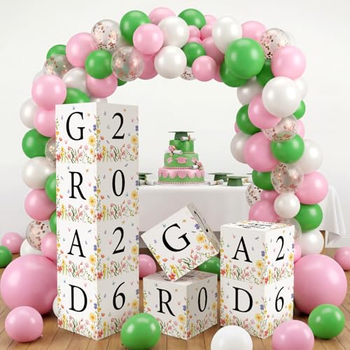 Gersoniel Pink Floral Graduation Decoration 2026 Wildflower Balloon Boxes with Letter 2026 Congrats Grad 144 Pcs Balloon Arch Kit Graduation Floral Backdrop for College Photo Prop Flower Party Decor
