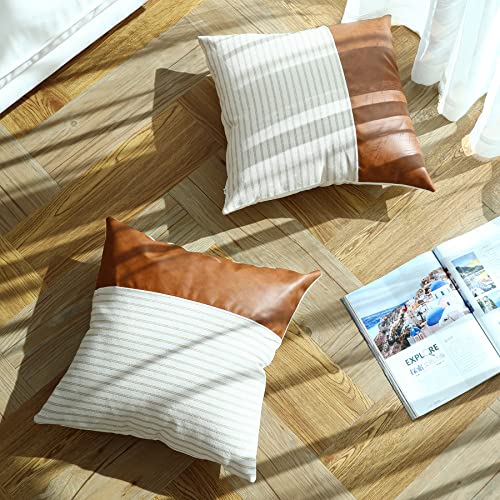 Throw Pillow Covers,Pillow Covers 18X18,Khaki Stripes Textured Cotton Faux Leather Stitching Square Farmhouse Pillow Covers Home Decorative For Sofa Couch Chair Bedroom Sets Of 2 #TOP1