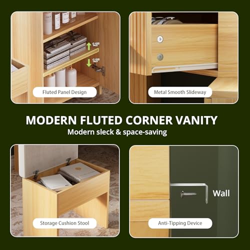 Image of FURSUN Fluted Makeup Vanity Desk with HD 3 Way Mirror and Lights, 51 inch Large Corner Vanity Table with Charging Station, Dressing Table with 4 Drawers & 2 Storage Cabinets for Bedroom, Natural Oak