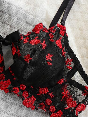 Image of Sexy Floral Embroidered Flower Mesh Underwire Push Up Lingerie Set