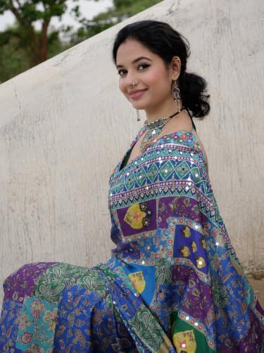 Image of Sidhidata Women's Chinon Ajrakh Printed Mirror Patch Work Saree With Unstitched Blouse Piece (Rangrezz Blue Blue Free Size)