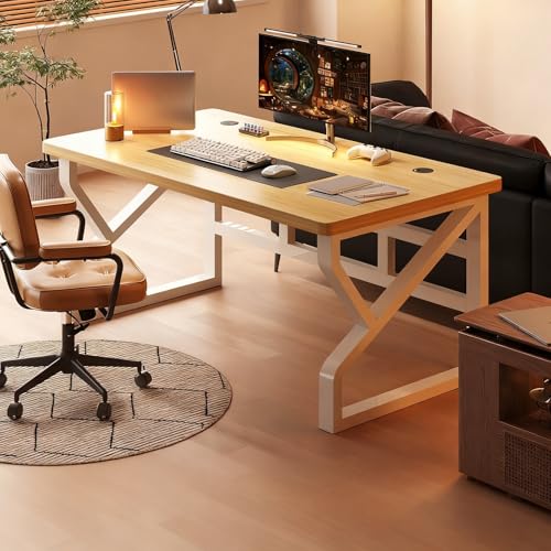 FXLKLUXE パソコンデスク ゲーミングデスク 事務机 オフィスデスク 幅100 120 140 160 180cm 1~2人用 25mm厚の無垢材ボード 耐荷重250kg 勉強机 配線孔付き 強化クロスバー 天板にモニターアーム取付可能 簡単なインス