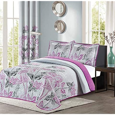All American Collection Purple and Grey Modern Plaid Bedspread and Pillow Sham Set | Matching Curtains Available! (King/Cal King Size) … Cover