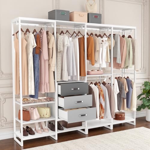 Topfurny Freestanding Closet Organizer, Heavy Duty Garment Rack, Wood Wardrobe Closet for Hanging Clothes, Walk-in Clothes Rack with 3 Wood Drawers, L Shaped Storage System for Bedroom, White Oak