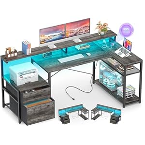 Aheaplus L Shaped Desk with File Drawer, Reversible L Shaped Computer Desk Gaming Desk with Power Outlet & LED Strip, Home Office Desk with Monitor Shelf, Corner Desk with Storage Shelves, Grey Oak