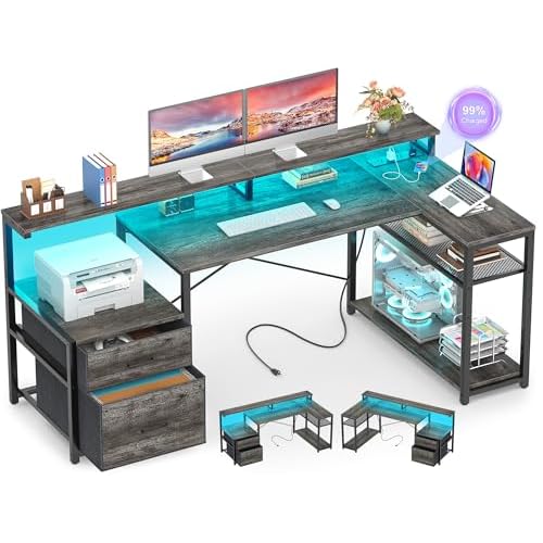 Aheaplus L Shaped Desk with File Drawer, Reversible L Shaped Computer Desk Gaming Desk with Power Outlet & LED Strip, Home Office Desk with Monitor Shelf, Corner Desk with Storage Shelves, Grey Oak