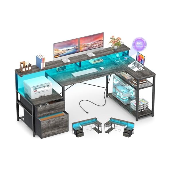 Aheaplus L Shaped Desk with File Drawer, Reversible L Shaped Computer Desk Gaming Desk with Power Outlet & LED Strip, Home Office Desk with Monitor Shelf, Corner Desk with Storage Shelves, Grey Oak
