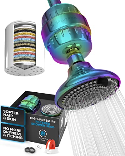 Luxury Filtered Shower Head Set 23 Stage Shower Filter - Removes Chlorine and Heavy Metals - Multi-Spray Settings Showerhead Filter by SparkPod (Radiant Rainbow)