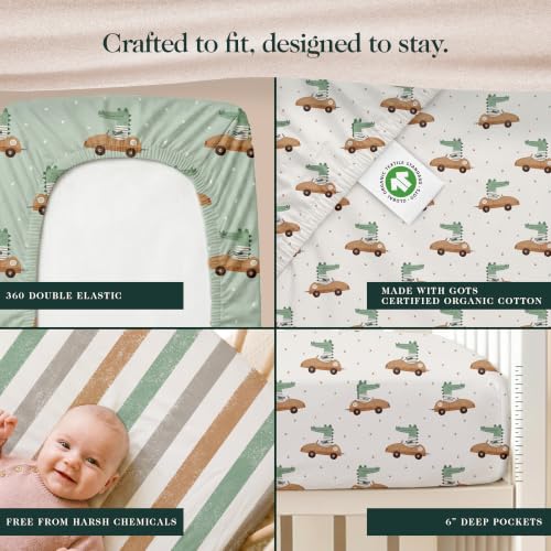 Image of 100% Organic Cotton Baby Crib Sheets (3-Pack) - GOTS Certified, Soft Fitted Sheets for Mini Mattress & Pack n Play, 5 inch Deep Pocket with Secure Elastic Fit, Boys & Girls, 28 inch x 55 inch (Croc Race)