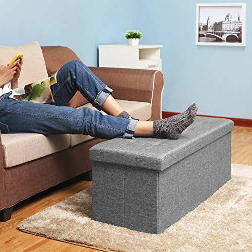 SONGMICS Folding Storage Ottoman Bench, Foot Rest, Stool, Storage Chest with Wooden Divider, Holds up to 660 lb, Light Grey ULSF77G
