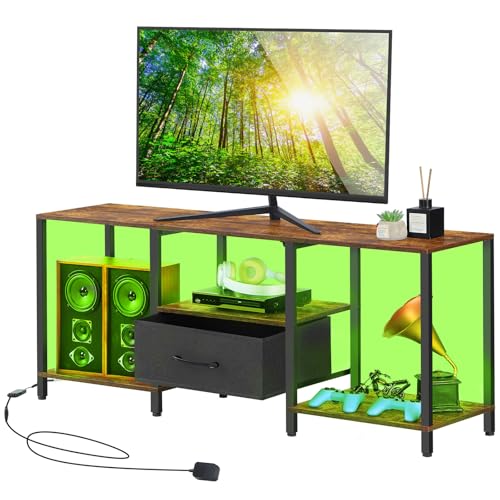 PINPON-46-TV-Stand-with-Manual-LED-Lights-Fabric-Drawer-3-Tier-Storage-Media-Console-for-55-TV-Adjustable-Feet-Rustic-Brown-Entertainment-Center-for-Living-RoomBedroom PINPON 46" TV Stand with Manual LED Lights & Fabric Drawer, 3-Tier Storage Media Console for 55" TV, Adjustable Feet, Rustic Brown Entertainment Center for Living Room/Bedroom - Image 1