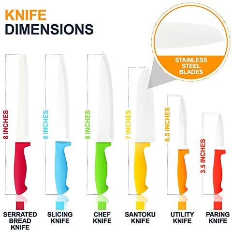 12 Piece Dishwasher Safe Knife Set - 6 Steel Rainbow Kitchen Knives with 6 Knife Sheath Covers - Colorful Knife Sets with Bread, Slicer, Santoku, Utility and Paring Knives