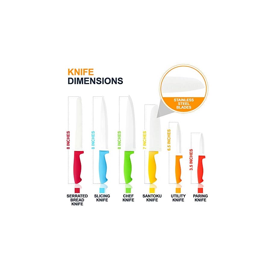 12 Pcs Steel Rainbow Kitchen Knife Set - Dishwasher Safe Knives with Sheath Covers - Sharp Multicolored Colorful Set For The Kitchen With Bread, Slicer, Santoku, Utility, Paring Knives