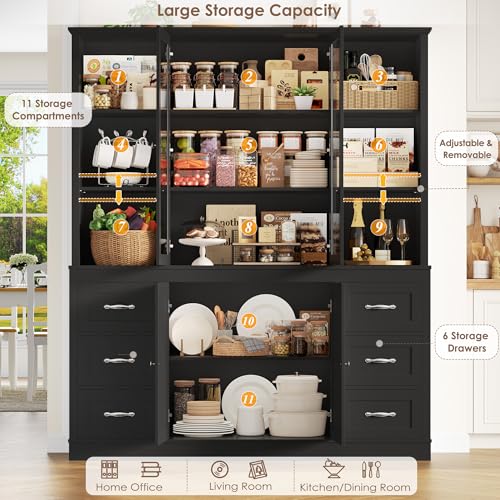 HIFIT 74.4\'\'Hx63\'\'W Large Hutch Cabinet with Storage, Glass Doors Kitchen Hutch China Cabinet, Kitchen Pantry Storage Cabinet, Tall Bookshelf with Drawers, Black - Thumbnail 6