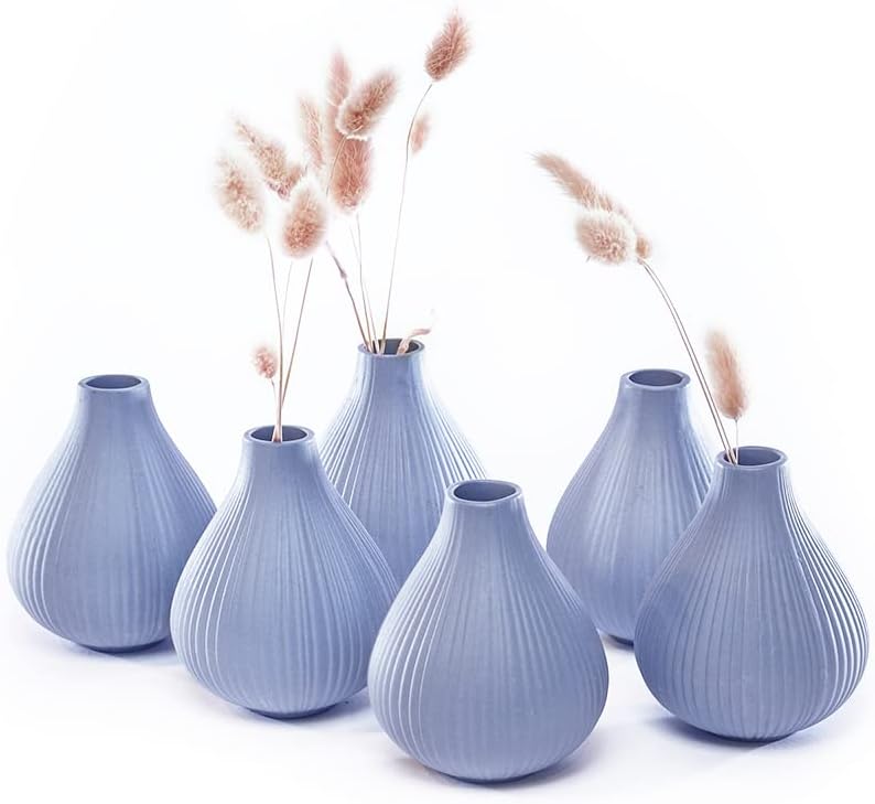 Chive ‘Frost’ Small Round Flower Vase — Cute, Beautiful Ceramic Vase for Flowers & House Plants — Set of 6 — Blue Grey