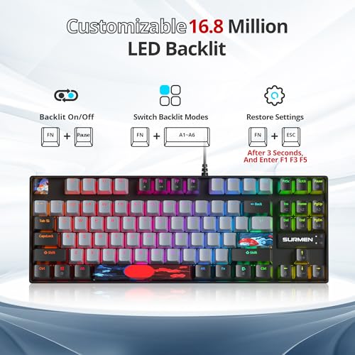 SbocKeeb TKL klawiatura gamingowa 80 procent, klawiatura mechaniczna RGB American QWERTY, 87 klawiszy, przewodowa klawiatura podświetlenie z liniowym czerwonym przełącznikiem, dla graczy PC 87 Dolch