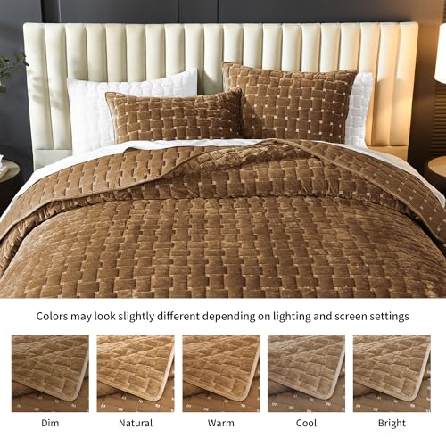Image of Grassix Velvet Quilt Set Queen Size, Luxury Geometric Design, Gold Caramel