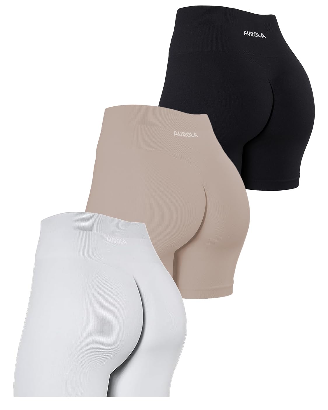 AUROLA Power Workout Shorts for Women Tummy Control Squat Proof Ribbed Thick Seamless Scrunch Active Short Power Small Pack(black/Natural/Blanc De Blanc)