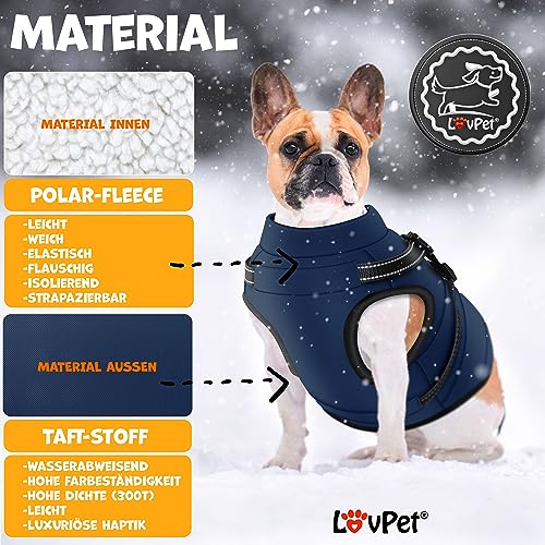 LOVPET® Hundejacke Hundemantel mit Geschirr, inkl. 45 Stück Kotbeutel + Spender, Hunde Winterweste gefüttert wasserdicht, Gepolsterte Weste Mit Brustgurt, Reflektoren, D-Ring L, Navyblau