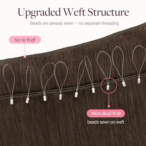Image of GOO GOO Sew in Hair Extensions Real Human Hair, Micro Beaded Weft Hair Extensions Human Hair, 4A Chocolate Brown 24 Inch 120g, Installation Customizable with Pre-attached Beads, Natural Volume