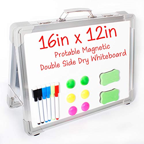 Portable Desktop Magnetic Whiteboard 16x12 Inch, Ovan Mini White Board Foldable Small Dry Erase Board Non-slip Double Sided White Board for Kids School/Home/Office(Includes 6 Pens,6 Magnets,2 Erasers)